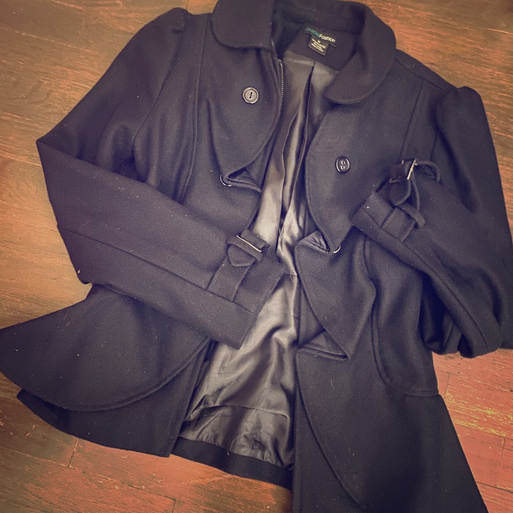 GORG WOOL NAVY BLUE RUFFLED PEPLUM Coat UNIQUE